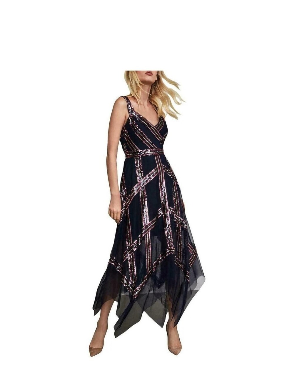 BCBG MAX AZRIA Dress Size 2 Black Pink Sequin Handkerchief Hem Tulle Gown